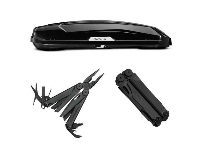 Zestaw Box dachowy Hapro Trivor 640 czarny połysk + Multitool Leatherman Wave Plus 832526