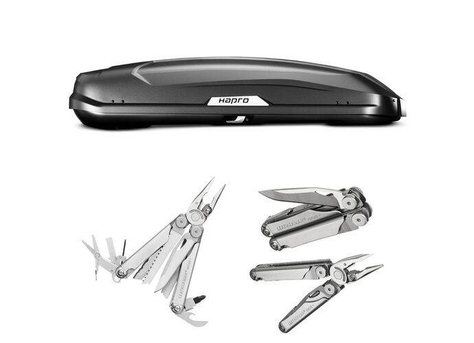 Zestaw Box dachowy Hapro Trivor 640 czarny matowy + Multitool Leatherman Wave Plus 832524