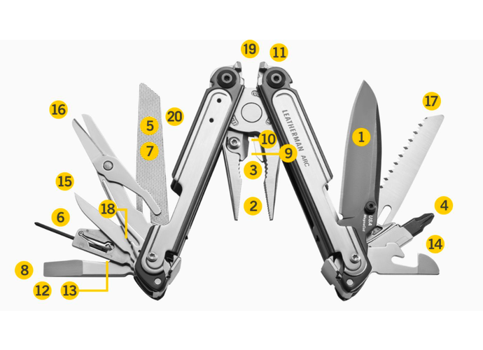 Leatherman ARC Multitool 20 narzędzi stal nierdzewna i czarna powłoka DLC